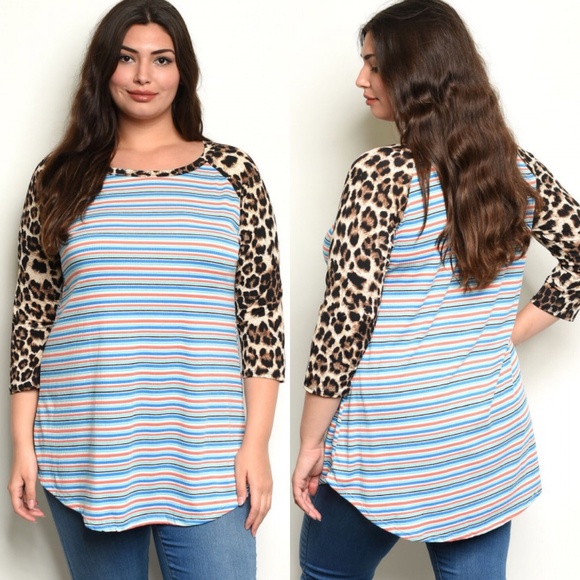 Tops - Blue Stripes Animal Leopard Print Plus Size Top